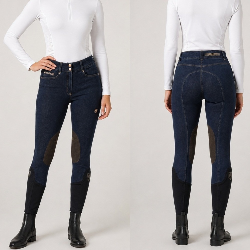 Romfh Bella 2 Button Knee Patch Breeches 28L Dark Denim Equestrian Euro Seat
